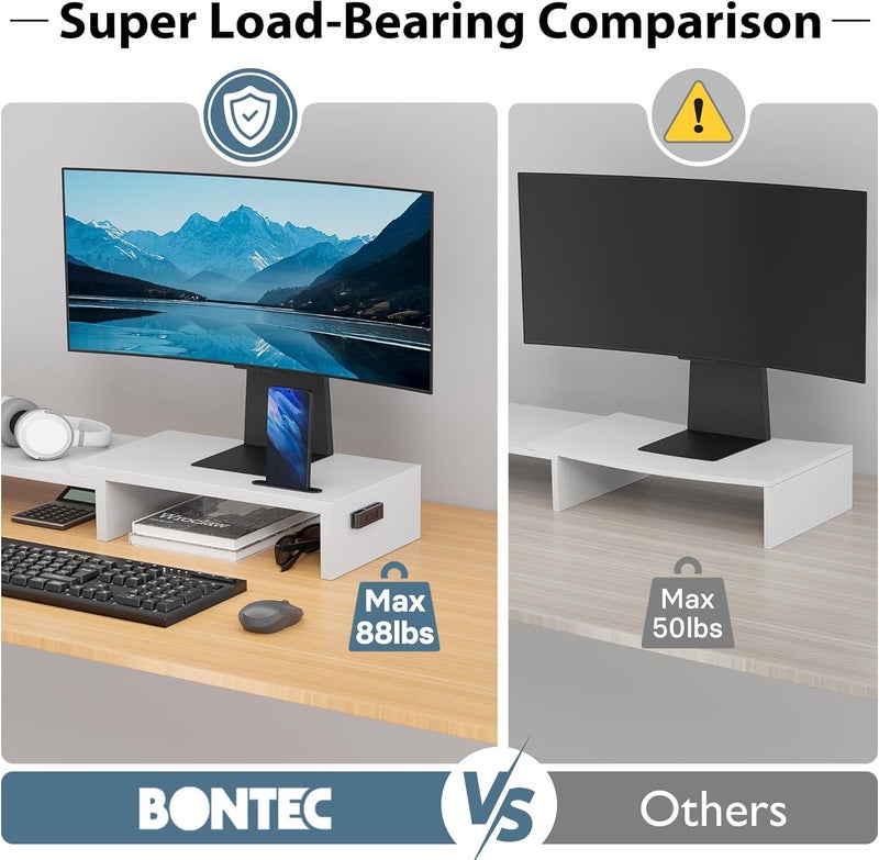 BONTEC Dual Monitor Stand Riser with Smartphone Holder, Adjustable Length & Swivel Angle, Ergonomic Wooden Desktop Organizer for PC Monitor, Laptop, Printer, Large Storage, White - Image 5